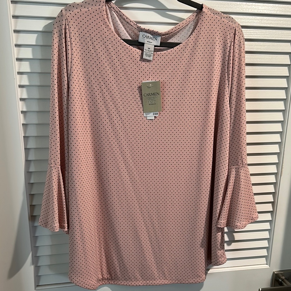 NWT Carmen Dolman Sleeves Pink & Black Polja Dot Blouse with Round Neck. Size 3X